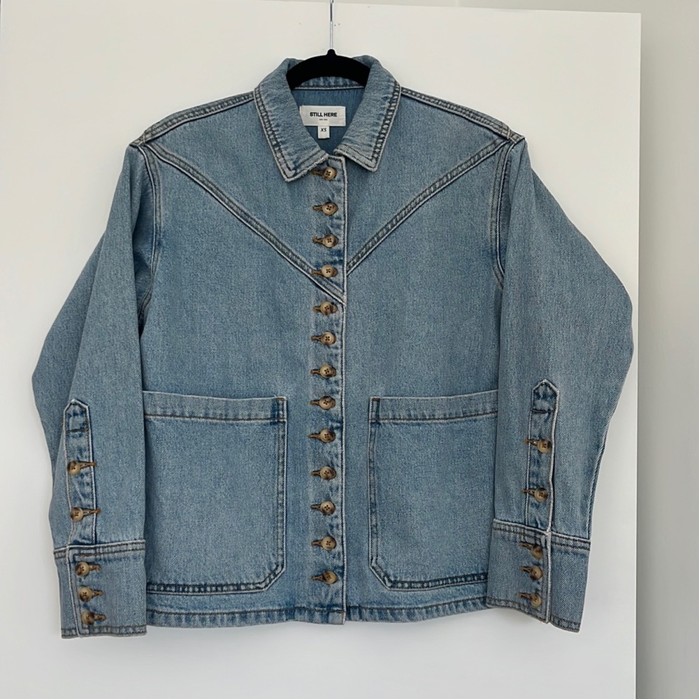 STILL HERE  light wash denim jacket with buttons. XS.